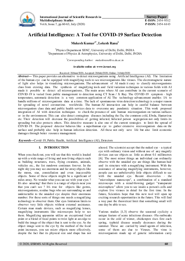 (PDF) Artificial Intelligence: A Tool for COVID-19 Surface Detection