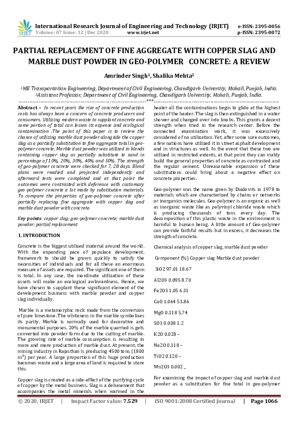 (PDF) IRJET- PARTIAL REPLACEMENT OF FINE AGGREGATE WITH COPPER SLAG AND ...
