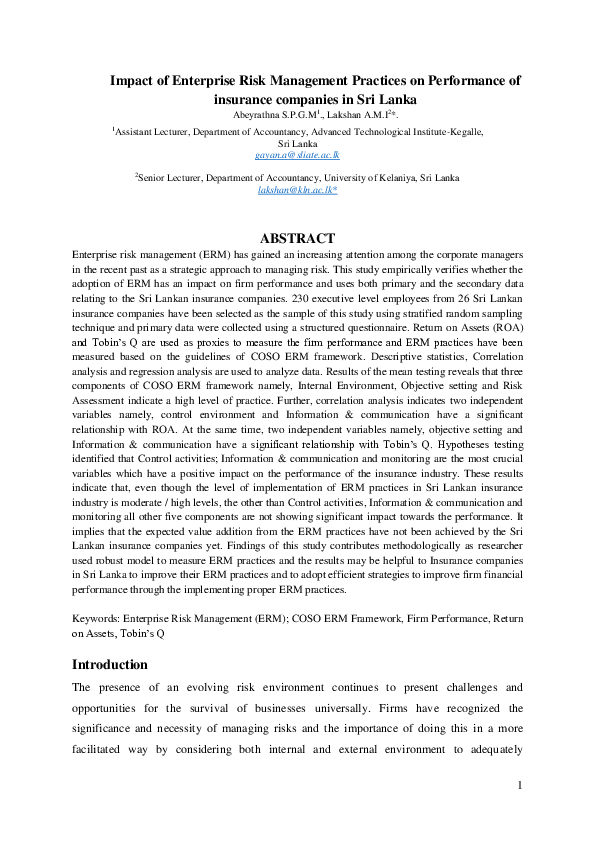  PDF Impact Of Enterprise Risk Management Practices On Performance Of Insurance Companies In 