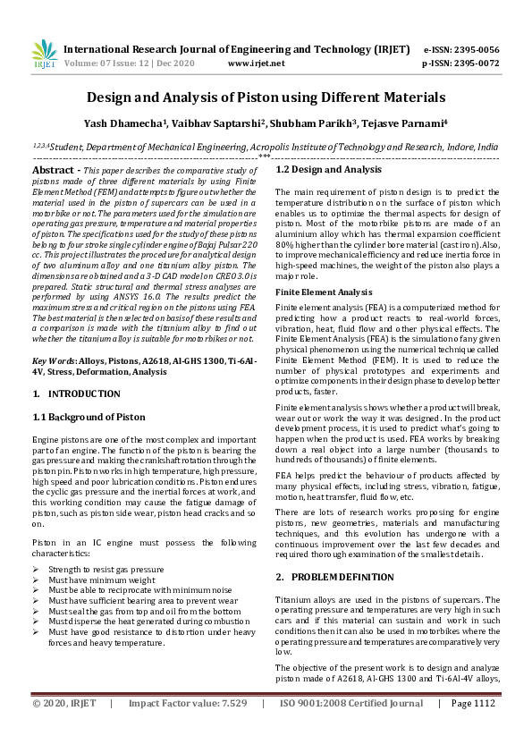 (PDF) Design and Analysis of Piston using Different Materials IRJET