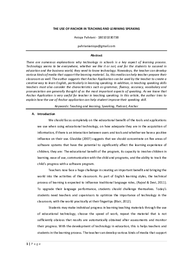 (PDF) THE USE OF ANCHOR IN TEACHING AND LEARNING SPEAKING