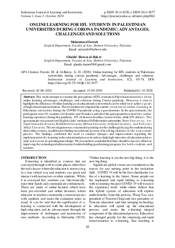 (PDF) ONLINE LEARNING FOR EFL STUDENTS IN PALESTINIAN UNIVERSITIES ...
