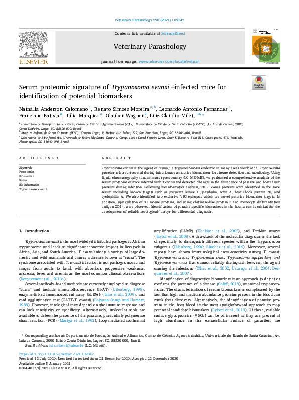 (PDF) Serum proteomic signature of Trypanosoma evansi -infected mice ...