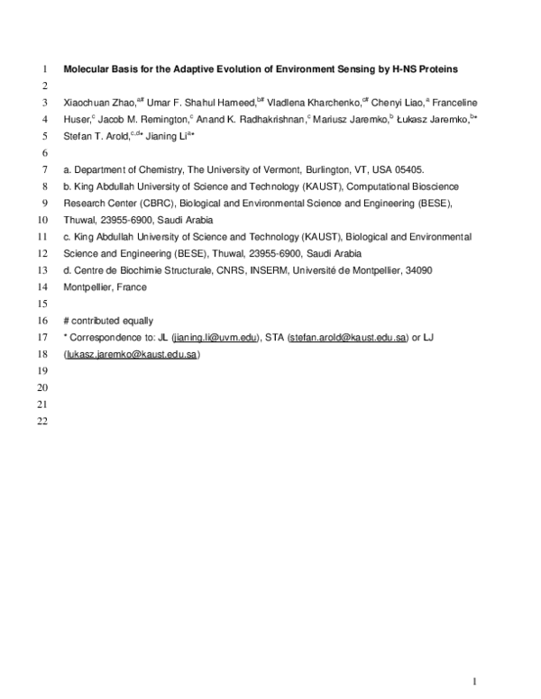 (PDF) Molecular Basis for the Adaptive Evolution of Environment Sensing ...