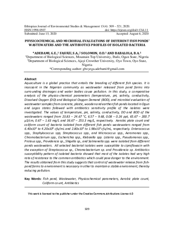 (PDF) Physicochemical and Microbial Evaluations of Different Fish Ponds ...