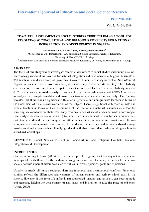 (PDF) TEACHERS' ASSESSMENT OF SOCIAL STUDIES CURRICULUM AS A TOOL FOR ...