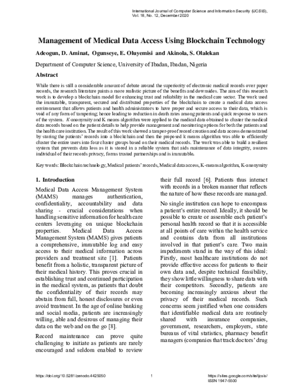(PDF) Management of Medical Data Access Using Blockchain Technology