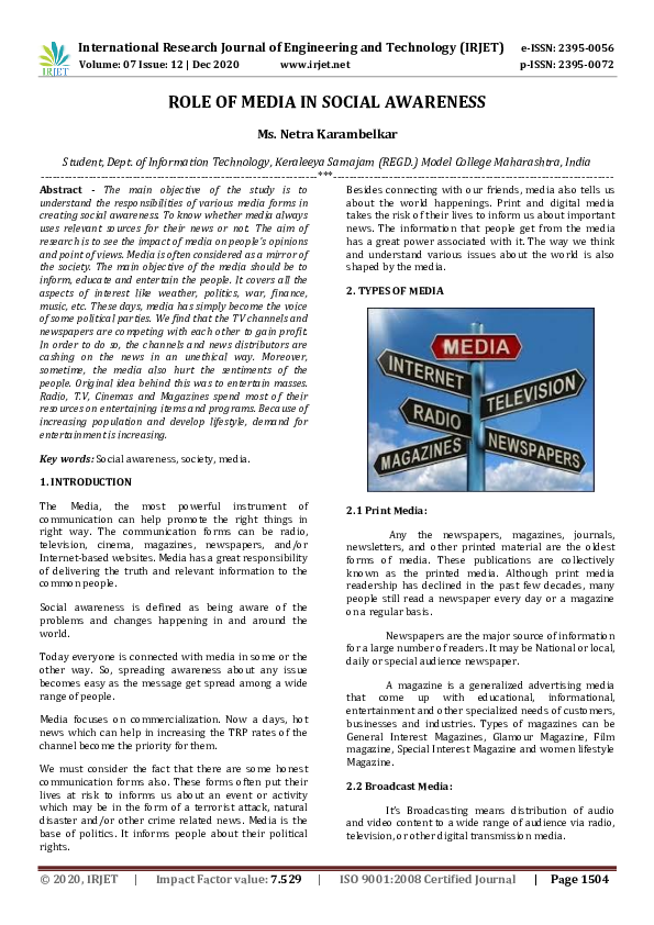 (PDF) IRJET- ROLE OF MEDIA IN SOCIAL AWARENESS