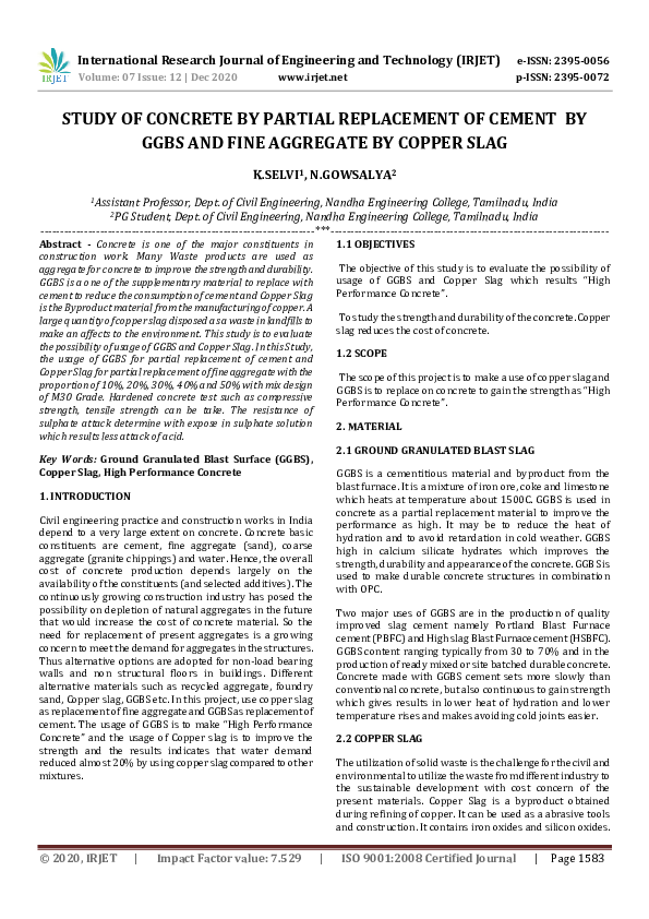 (PDF) IRJET- STUDY OF CONCRETE BY PARTIAL REPLACEMENT OF CEMENT BY GGBS ...
