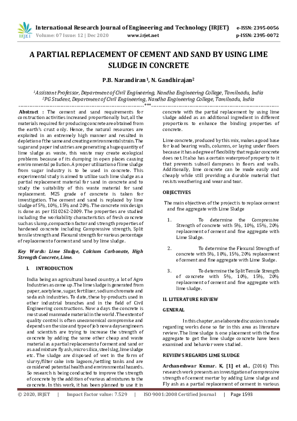 (PDF) IRJET- A PARTIAL REPLACEMENT OF CEMENT AND SAND BY USING LIME ...