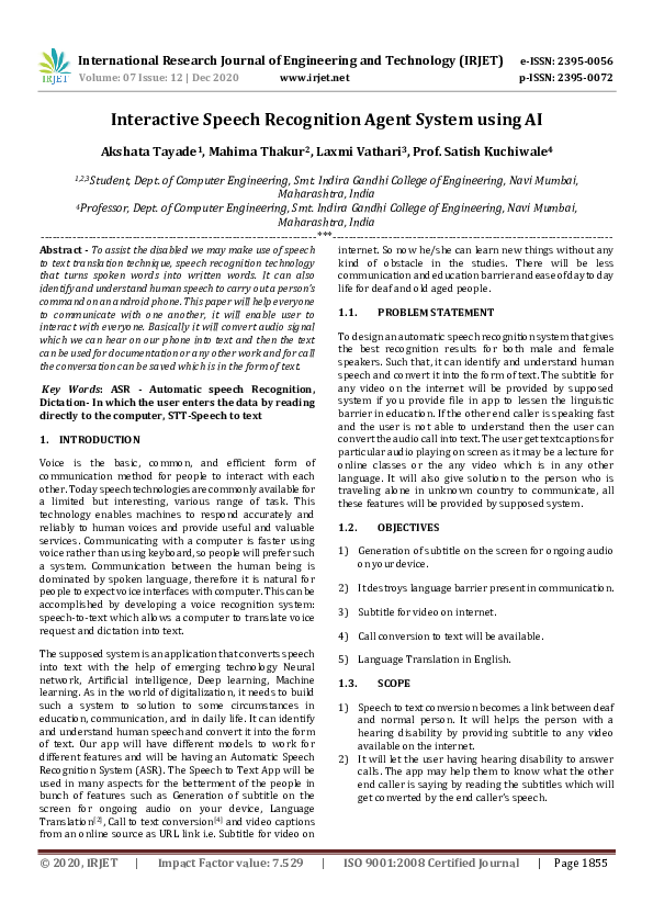 (PDF) IRJET- Interactive Speech Recognition Agent System using AI