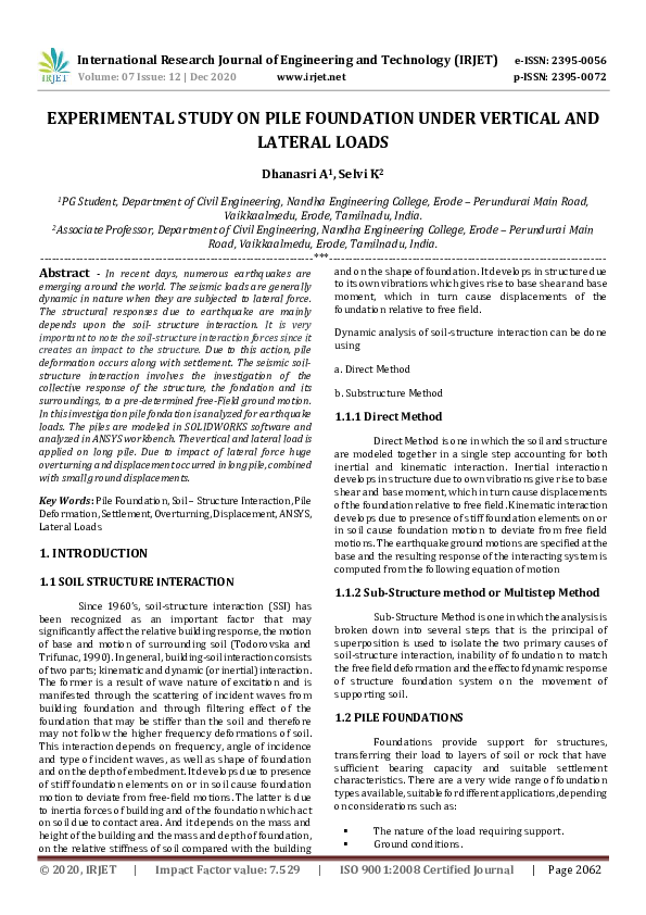 (PDF) IRJET- EXPERIMENTAL STUDY ON PILE FOUNDATION UNDER VERTICAL AND ...