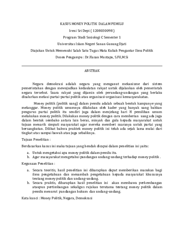 kasus money politik dalam pemilu