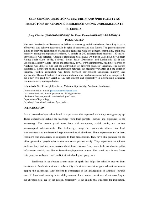 (PDF) Self Concept, Emotional Maturity and Spirituality as predictors ...