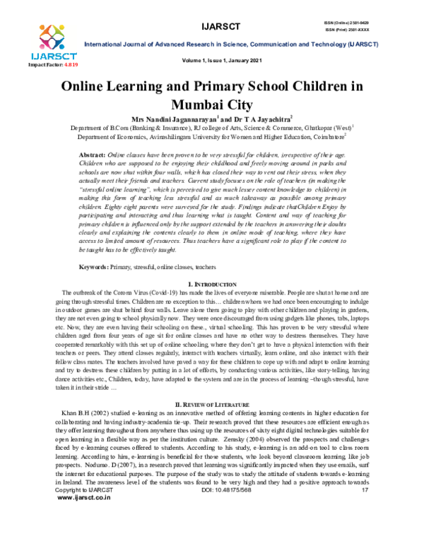 (PDF) Online Learning and Primary School Children in Mumbai City