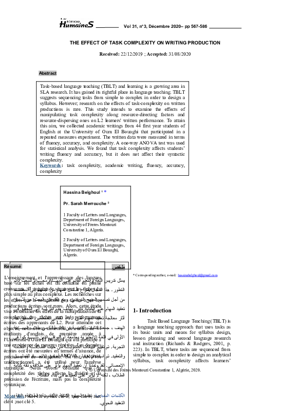 (DOC) THE EFFECT OF TASK COMPLEXITY ON WRITING PRODUCTION
