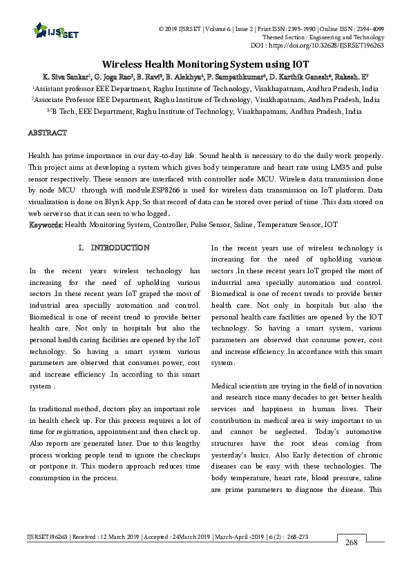 (PDF) Wireless Health Monitoring System using IOT International