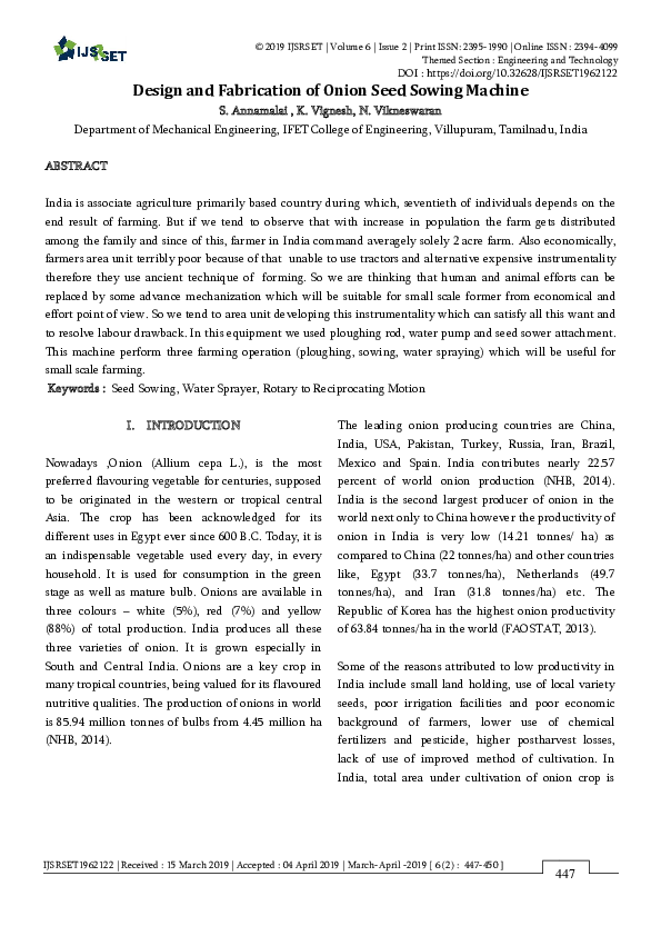 Pdf Design And Fabrication Of Onion Seed Sowing Machine