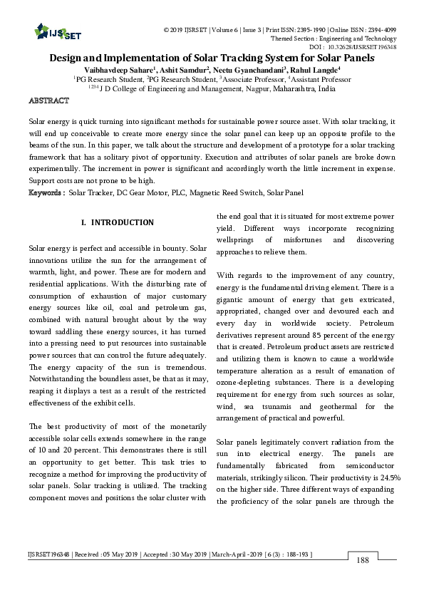(PDF) Design and Implementation of Solar Tracking System for Solar Panels