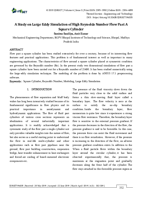 (PDF) A Study on Large Eddy Simulation of High Reynolds Number Flow ...