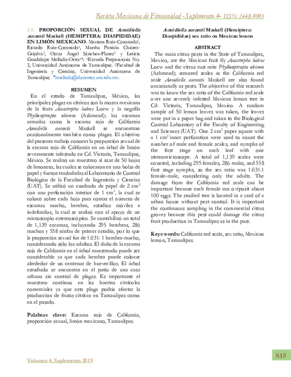 PDF Proporción sexual de Aonidiella aurantii Maskell Hemiptera  
