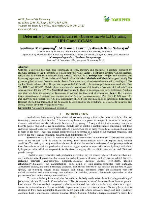 (PDF) Determine βcarotene in carrot (Daucus carota L.) by using HPLC