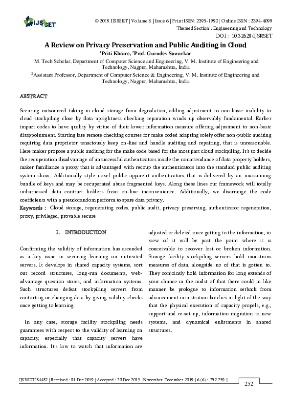 (PDF) A Review on Privacy Preservation and Public Auditing in Cloud