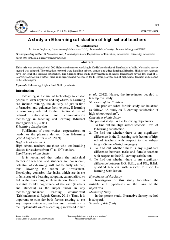 (PDF) "E-learning Satisfaction of High school teachers" A study on E ...