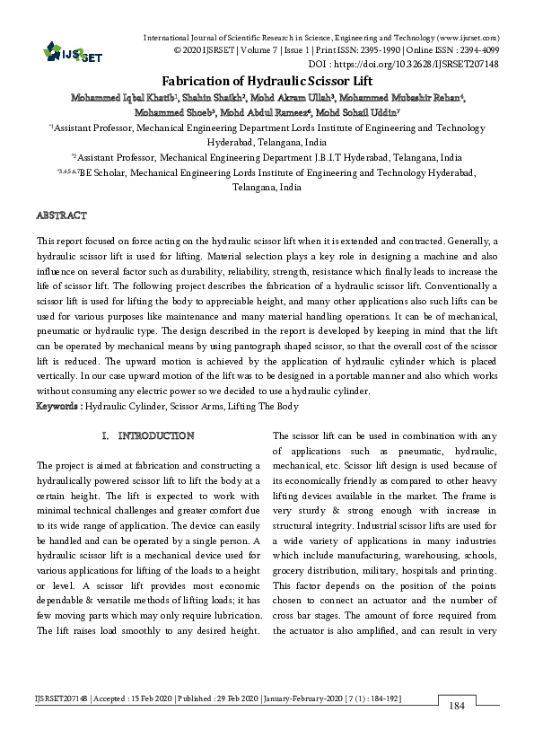 (PDF) Fabrication of Hydraulic Scissor Lift