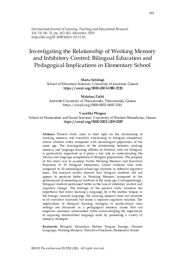 (PDF) Investigating the Relationship of Working Memory and Inhibitory ...