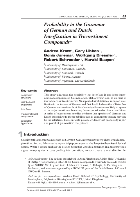 (PDF) Probability in the Grammar of German and Dutch: Interfixation in ...