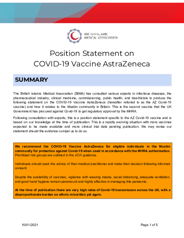 (PDF) Position Statement on COVID-19 Vaccine AstraZeneca
