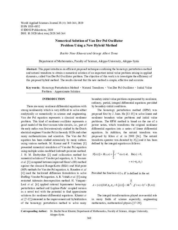 (PDF) Numerical Solution of Van Der Pol Oscillator Problem Using a New ...