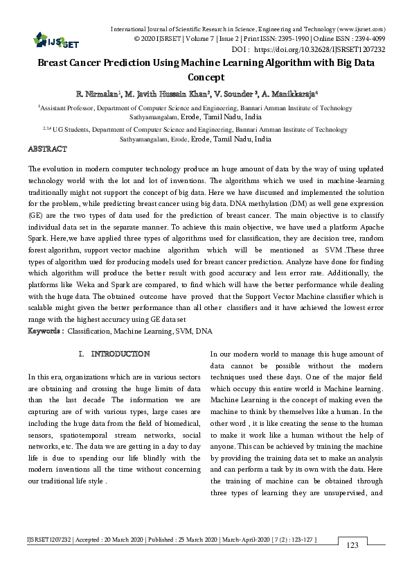 (PDF) Breast Cancer Prediction Using Machine Learning Algorithm with ...