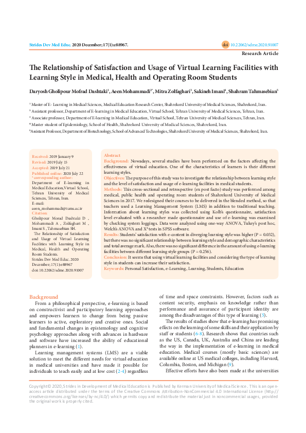 (PDF) The Relationship of Satisfaction and Usage of Virtual Learning ...