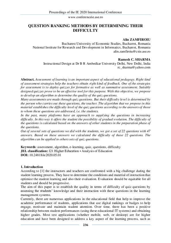 (PDF) QUESTION RANKING METHODS BY DETERMINING THEIR DIFFICULTY