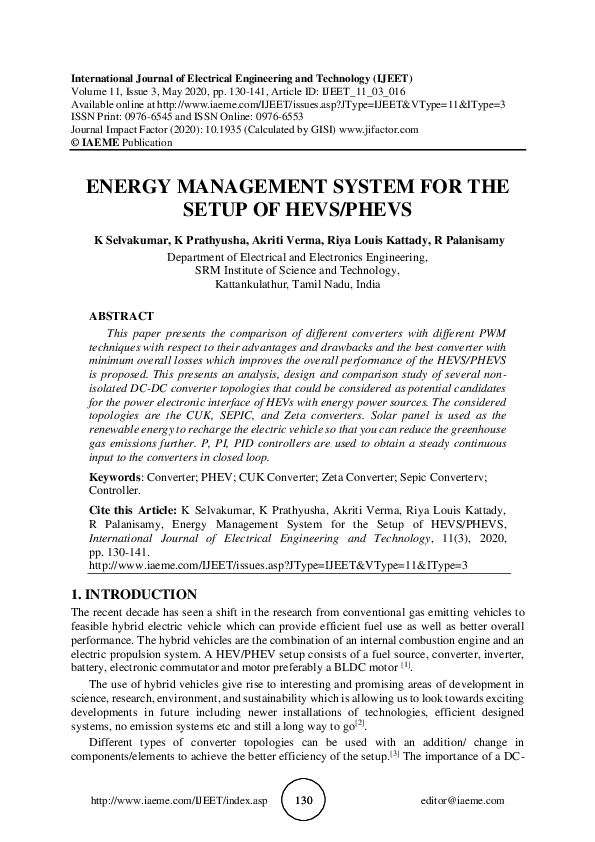 (PDF) Energy Management System for the Setup of HEVS/PHEVS