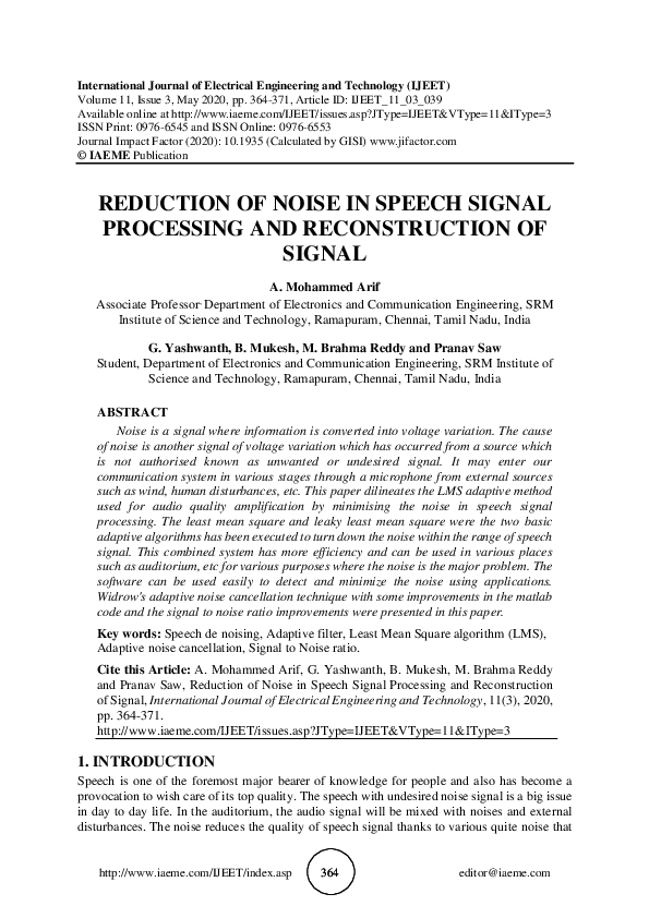 (PDF) Reduction of Noise in Speech Signal Processing and Reconstruction ...