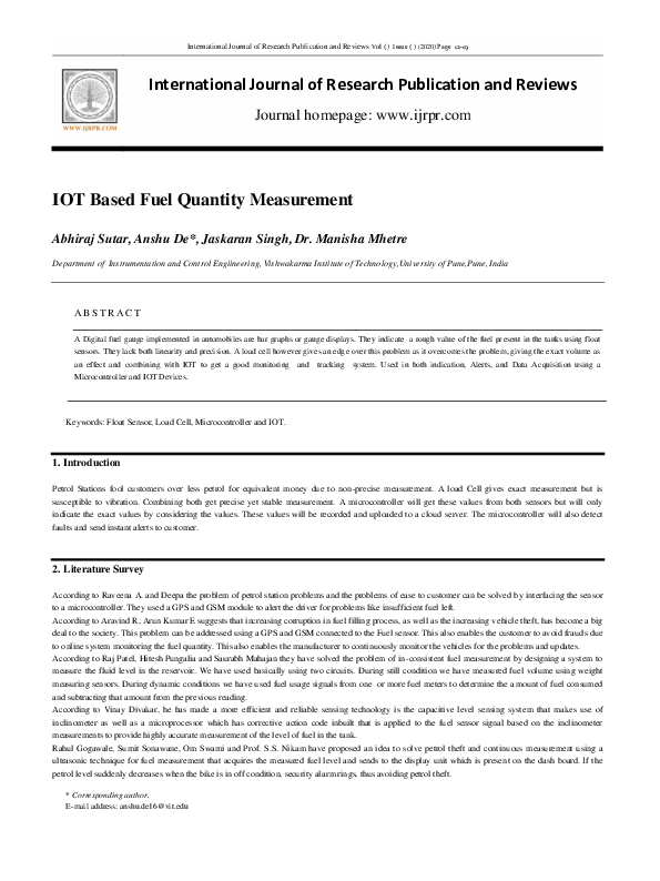 (PDF) IOT Based Fuel Quantity Measurement IJRPR JOURNAL Academia.edu