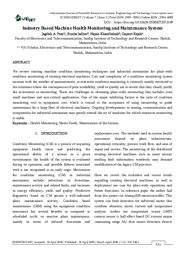 (PDF) Industry Based Machine Health Monitoring and Maintenance System
