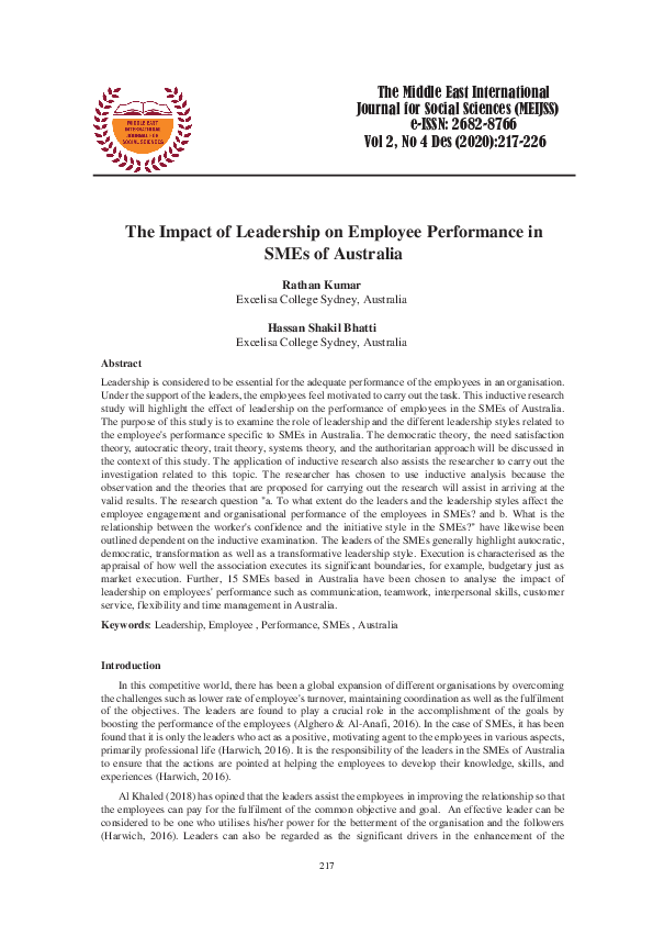 (PDF) The Impact of Leadership on Employee Performance in SMEs of Australia
