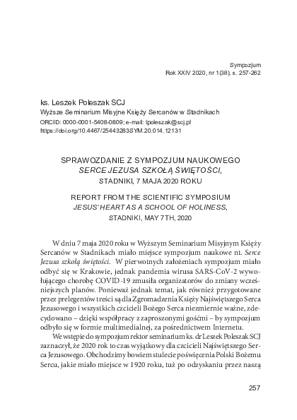 Sprawozdanie z sympozjum naukowego Serce Jezusa szkołą świętości, Stadniki, 7 maja 2020 roku