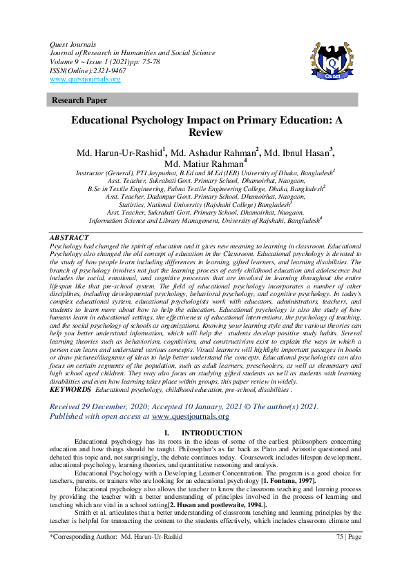(PDF) Educational Psychology Impact on Primary Education: A Review