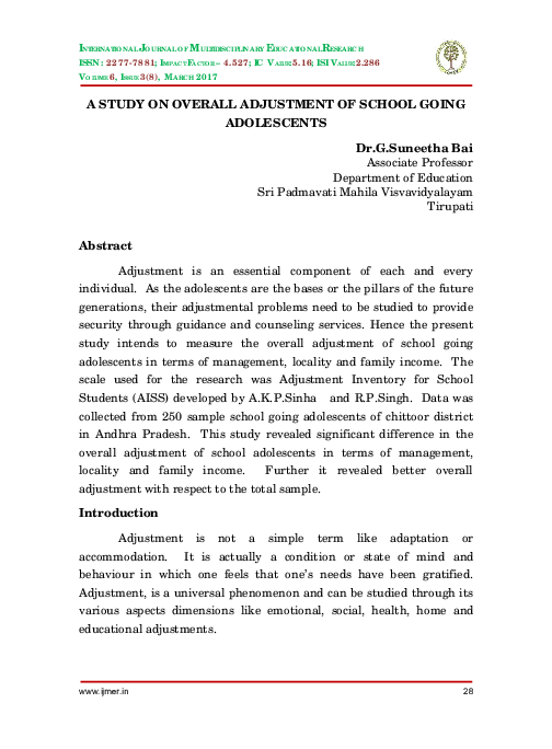(PDF) A STUDY ON OVERALL ADJUSTMENT OF SCHOOL GOING ADOLESCENTS