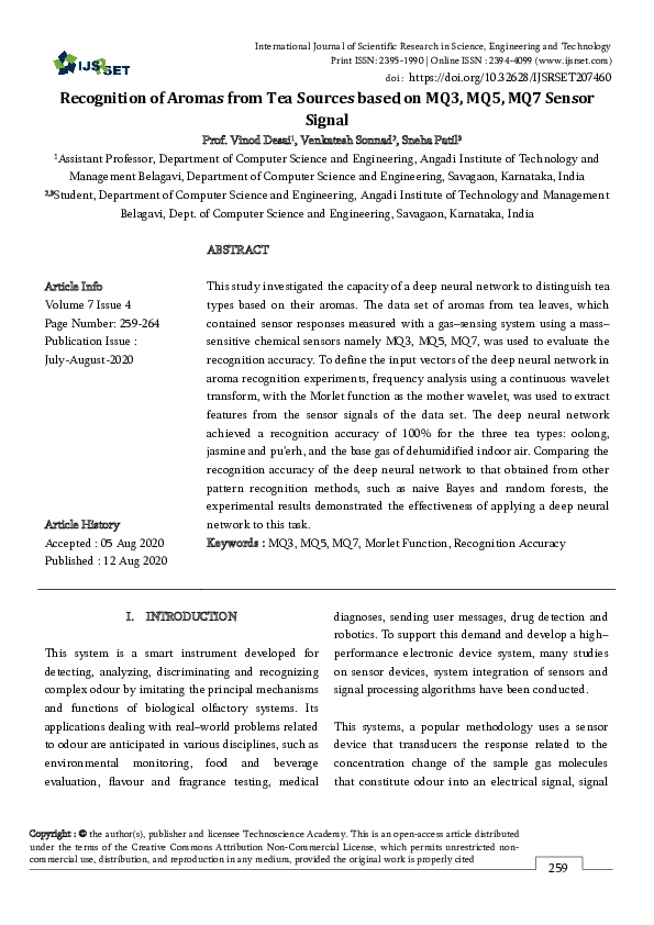 (PDF) Recognition of Aromas from Tea Sources based on MQ3, MQ5, MQ7