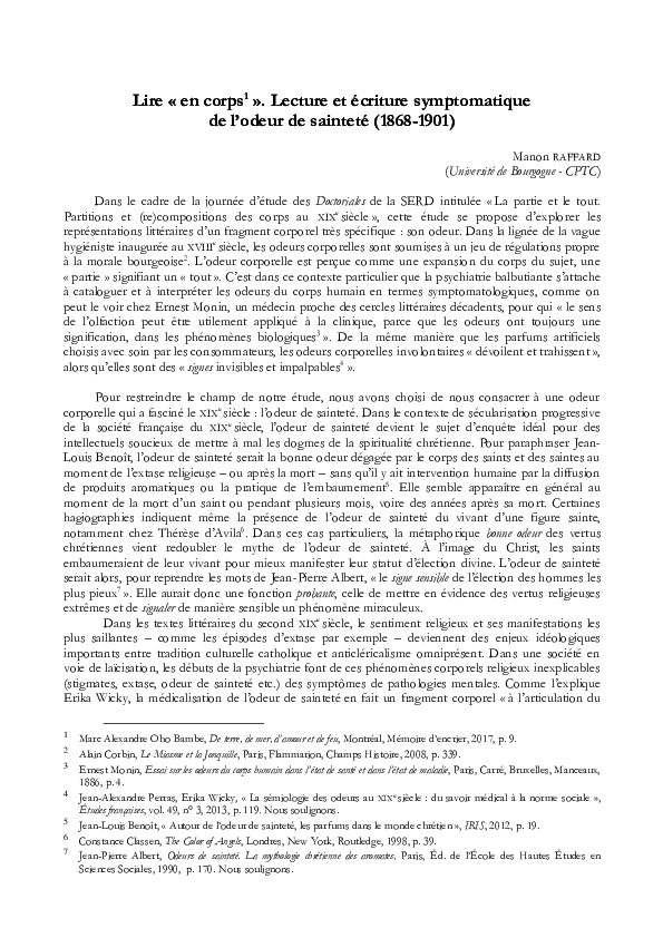 (PDF) Lire « en corps ». Lecture et écriture symptomatique de l’odeur de sainteté (18681901)