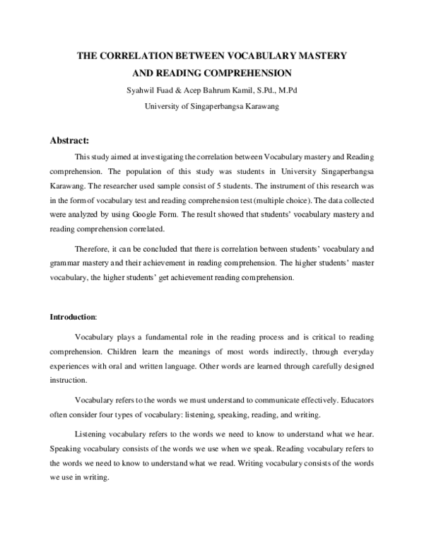 (PDF) THE CORRELATION BETWEEN VOCABULARY MASTERY AND READING COMPREHENSION
