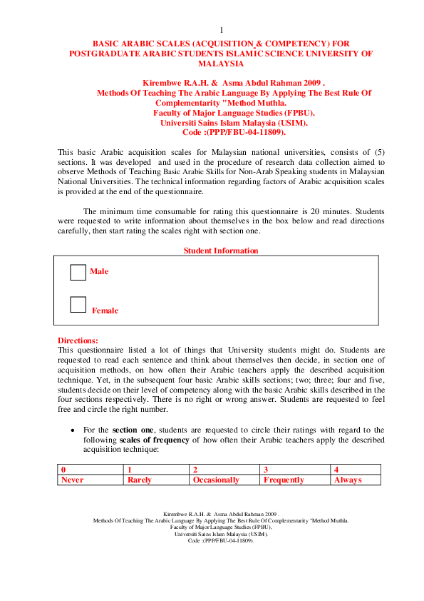 Pdf Basic Arabic Scales Acquisition Competency For Postgraduate Arabic Students Islamic Science University Of Malaysia Kirembwe Rashid Abdul Hamed Academia Edu