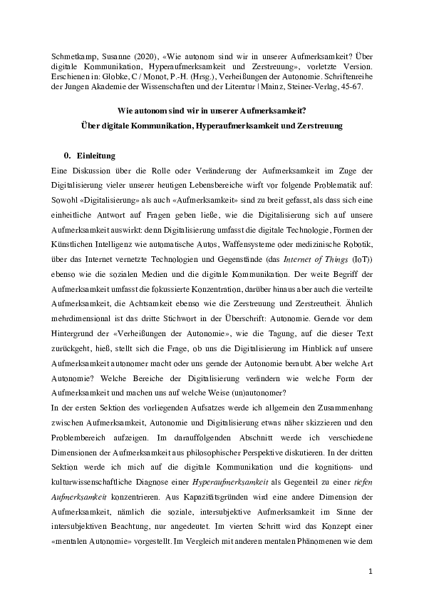 Pdf Wie Autonom Sind Wir In Unserer Aufmerksamkeit Uber Digitale Kommunikation Hyperaufmerksamkeit Und Zerstreuung Susanne Schmetkamp Academia Edu