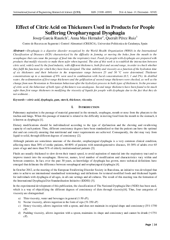 (PDF) Effect of Citric Acid on Thickeners Used in Products for People